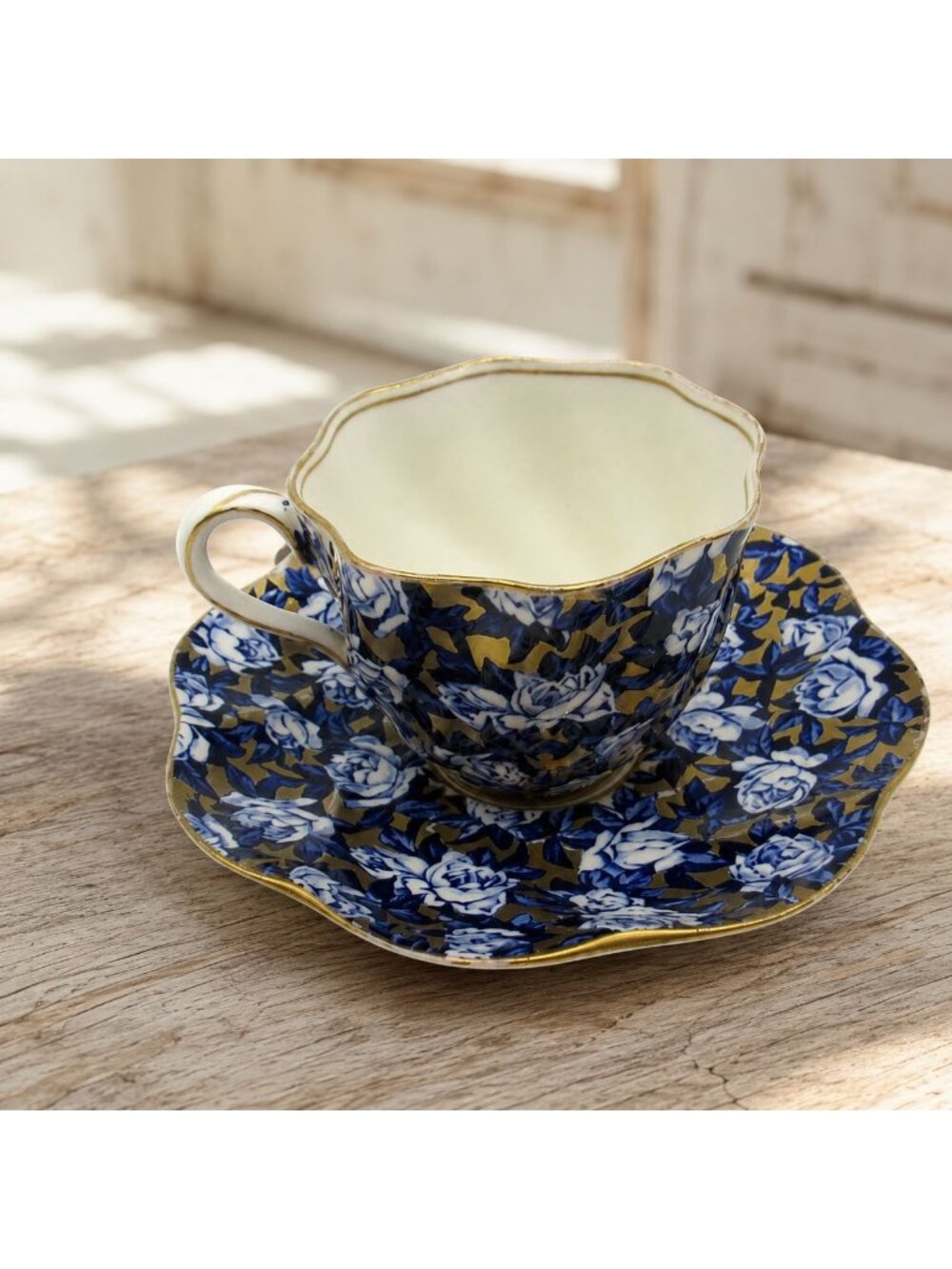 Antique Coalport Teacup Saucer Cobalt Blue Rose Gold Chintz
